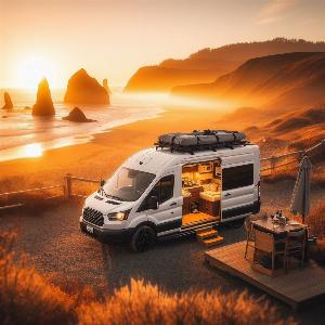 Ford Transit 350 HD extended camper van, van life in Mendocino at sunset-14